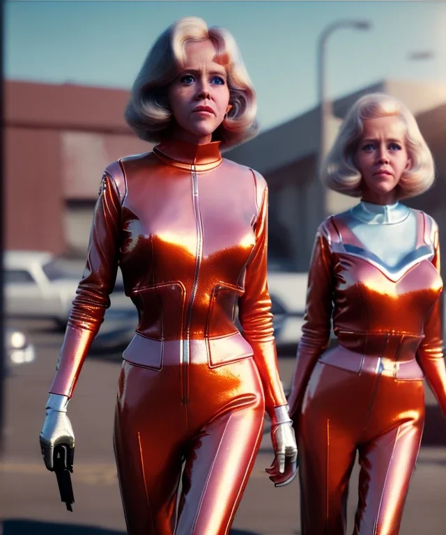 Ultra Realistic retro sci-fi movie Supermarket parking people scene, 1960 year, waist up view portrait, 2 clones blonde women, sweet teenager Jane Fonda face, perfect iris, glow eyes, face makeup, tight latex coat. many people looking, Retro sci-fi style, soft color, highly detailed, unreal engine 5, ray tracing, RTX, lumen lighting, ultra detail, volumetric lighting, 3d, finely drawn, high definition, high resolution.