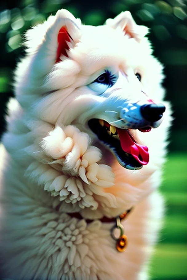 Cute, fluffy, happy looking white Samoyed dog, colorful, festive atmosphere, detailed, congratulating