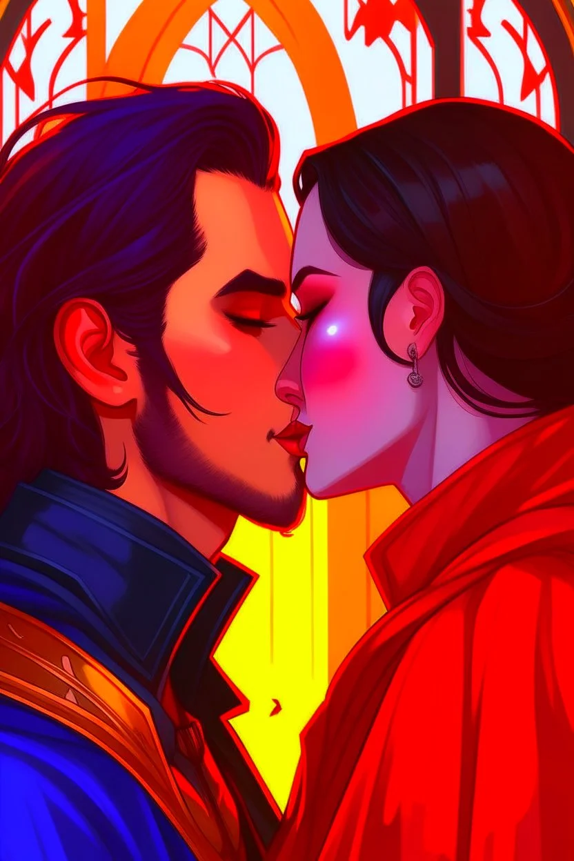 A couple from the dnd game curse of Strahd kissing, lips against lips