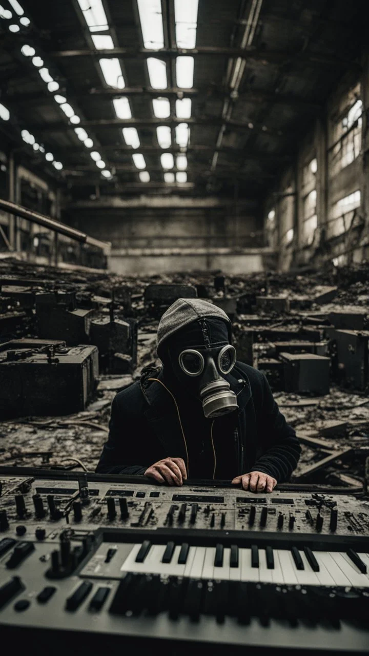 a person with a gas mask in an abandoned big massive factory, playing with a modular synth piano