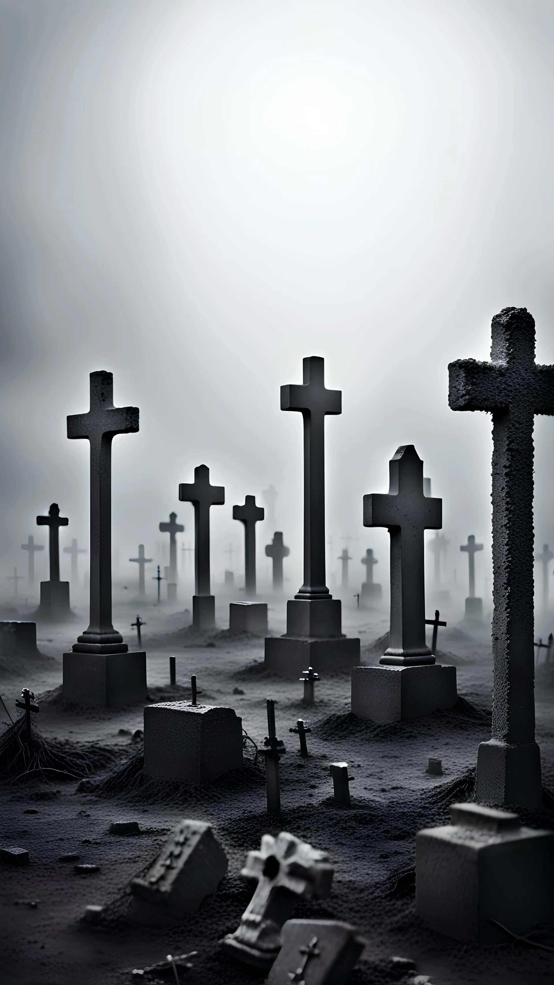 Many scary crosses and graves, dead earth, fog, gray tones