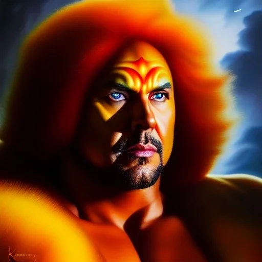 Ultra detailed fullbody Portrait in oil on canvas of Thundercats Tygra ,intense stare,extremely detailed digital painting, extremely detailed face,crystal clear Big eyes, mystical colors ,perfectly centered image, perfect composition, rim light, beautiful lighting,masterpiece,8k, stunning scene, raytracing, anatomically correct, in the style of robert e howard and Ken Kelley and Ohrai Noriyoshi and Simon Bisley and tomzj1