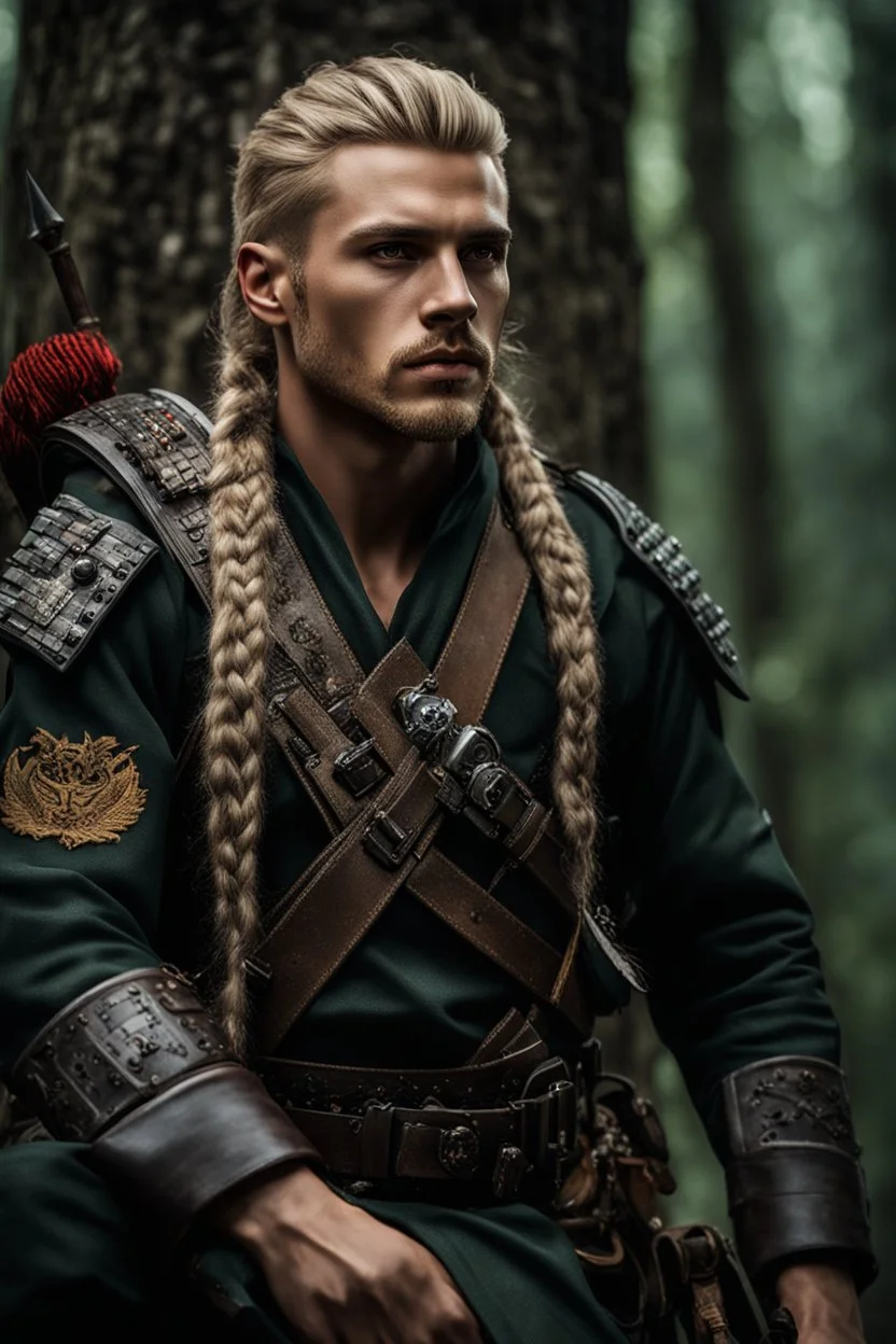 photorealistic hyperdetailed portait of 20-year-old german male, as mercenary with long blonde braided and undercut hair, tribal tattoos and neatly trimmed beard wearing modern mercenary uniform dark fantasy forest backdrop