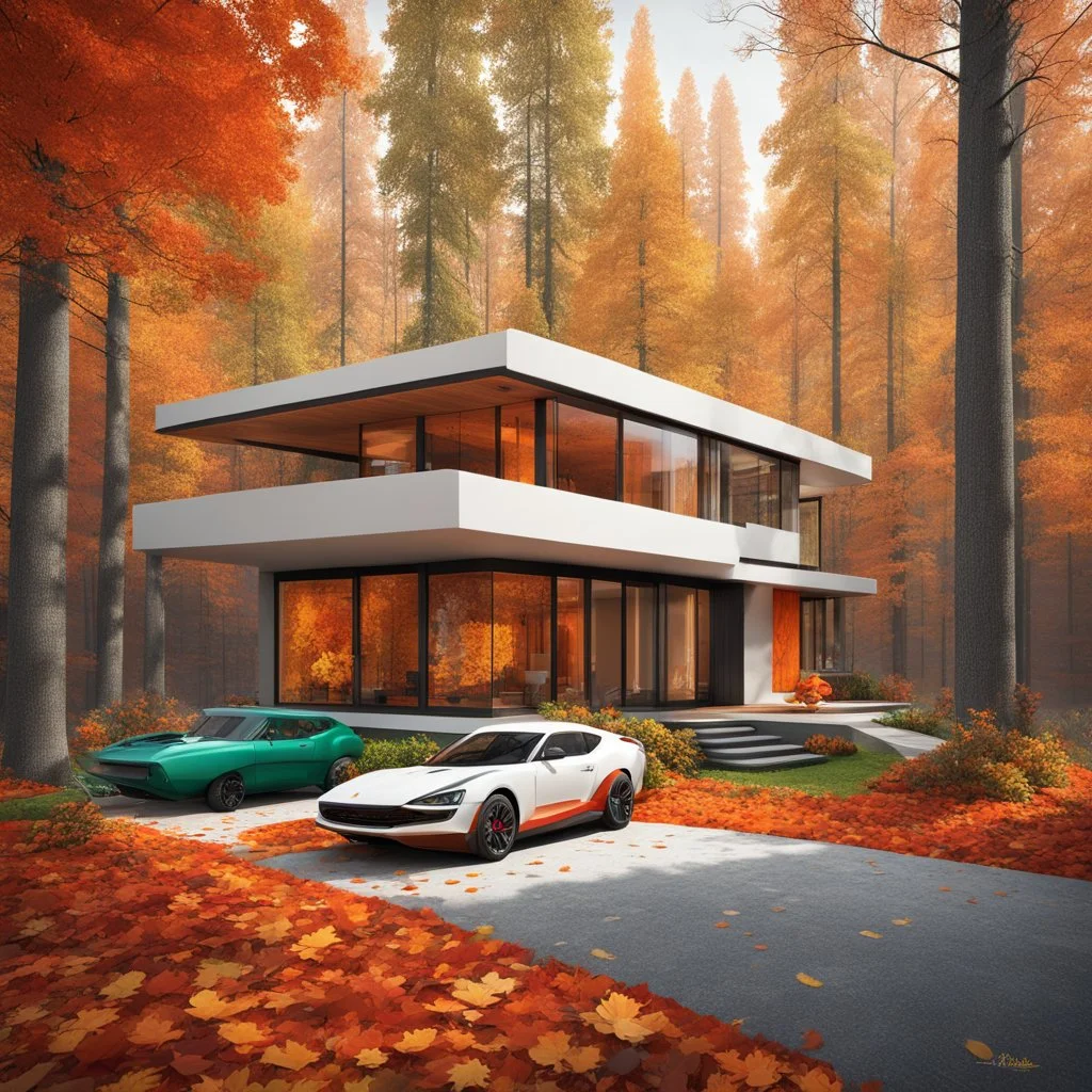 Cozy forest retreat, futuristic modern house in an autumn forest of vibrant colors. Contemporary design with clean lines and large windows, which radiate a feeling of warmth and comfort. A white car parked on the winding driveway leading to the house adds a touch of modernity to the rustic surroundings. The path is dotted with fallen leaves. Around the house, dense mix of green, orange and yellow foliage. 8k