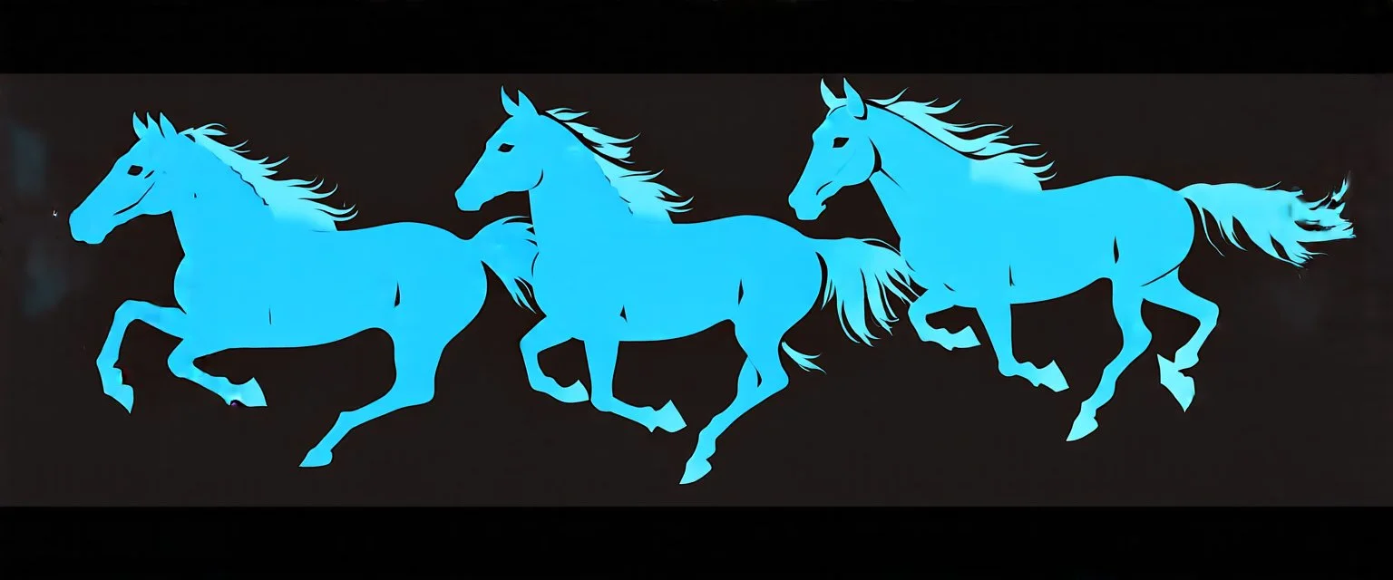 silhouette of 3 different horses running, middle horse at front, blue on black vector