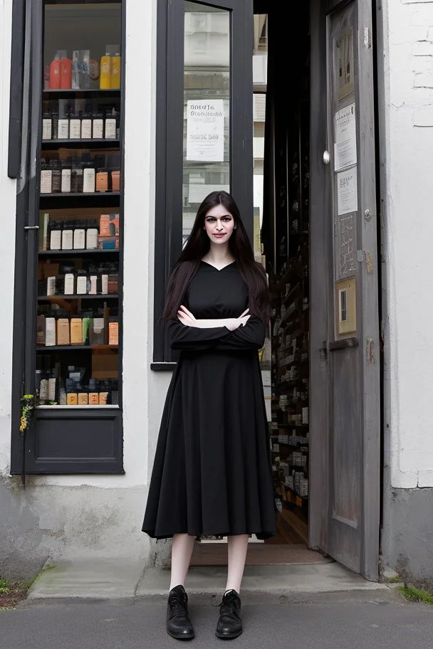 tall girl in black clothes, long dark wavy hair, outside an apothecary shop