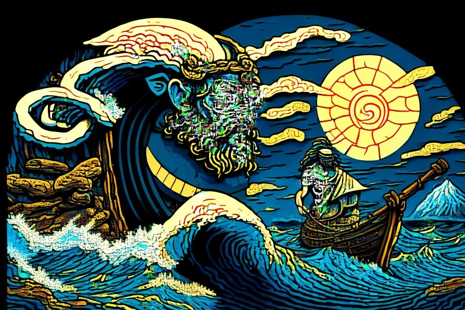 digital painting of the odyssey quest with the mythos cyclops by homer, in the style of hokusai and van gogh