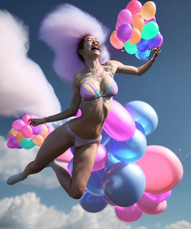 Ultra realistic speed clouds sky scene, wide angle view, sweet women falling down, feather inflatable color clothing, free jumping flying, many trinkets, hair monster, many jelly beans, balls, color smoke, smile, happy, circus style, extreme, wind, clouds sea, 20,000 feet altitude, stratosphere, soft color, highly detailed, unreal engine 5, ray tracing, RTX, lumen lighting, ultra detail, volumetric lighting, 3d, finely drawn, high definition, high resolution.