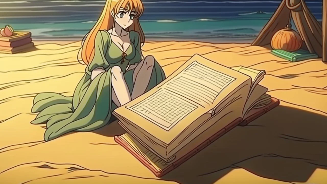 drawn in 90s anime style, retro anime style, still live, 1 singular Book lying with a cover on table the cover depicting a woman on the beach, medieval grimoire, no people, no cluter