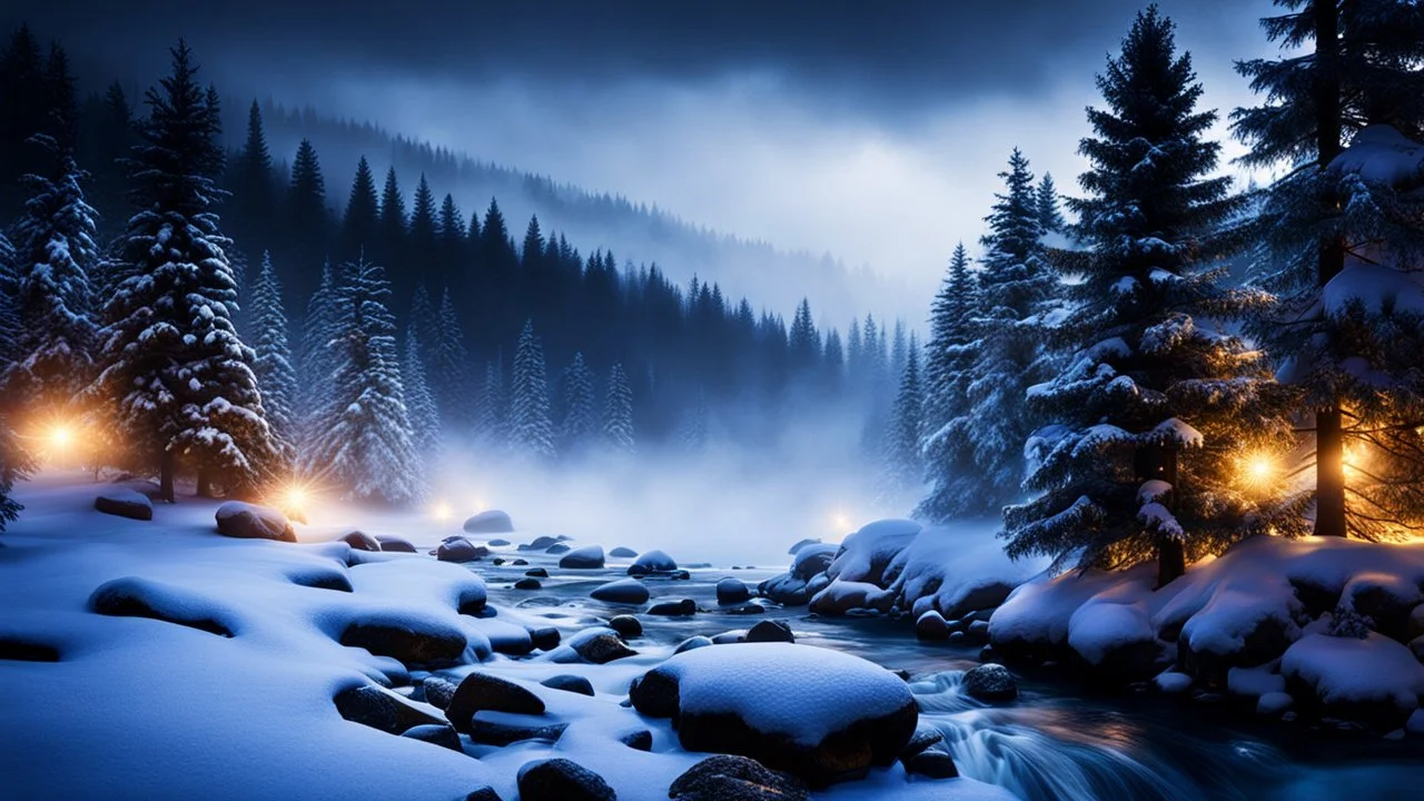 fir forrest scenery, heavy mist,valley,creek,forest,christmas ,tree,,nature,night,snow,fir tree,high-quality photograph,zeiss prime lens, bokeh , high detail, smooth render, unreal engine 5, dust effect, vivid colors,night