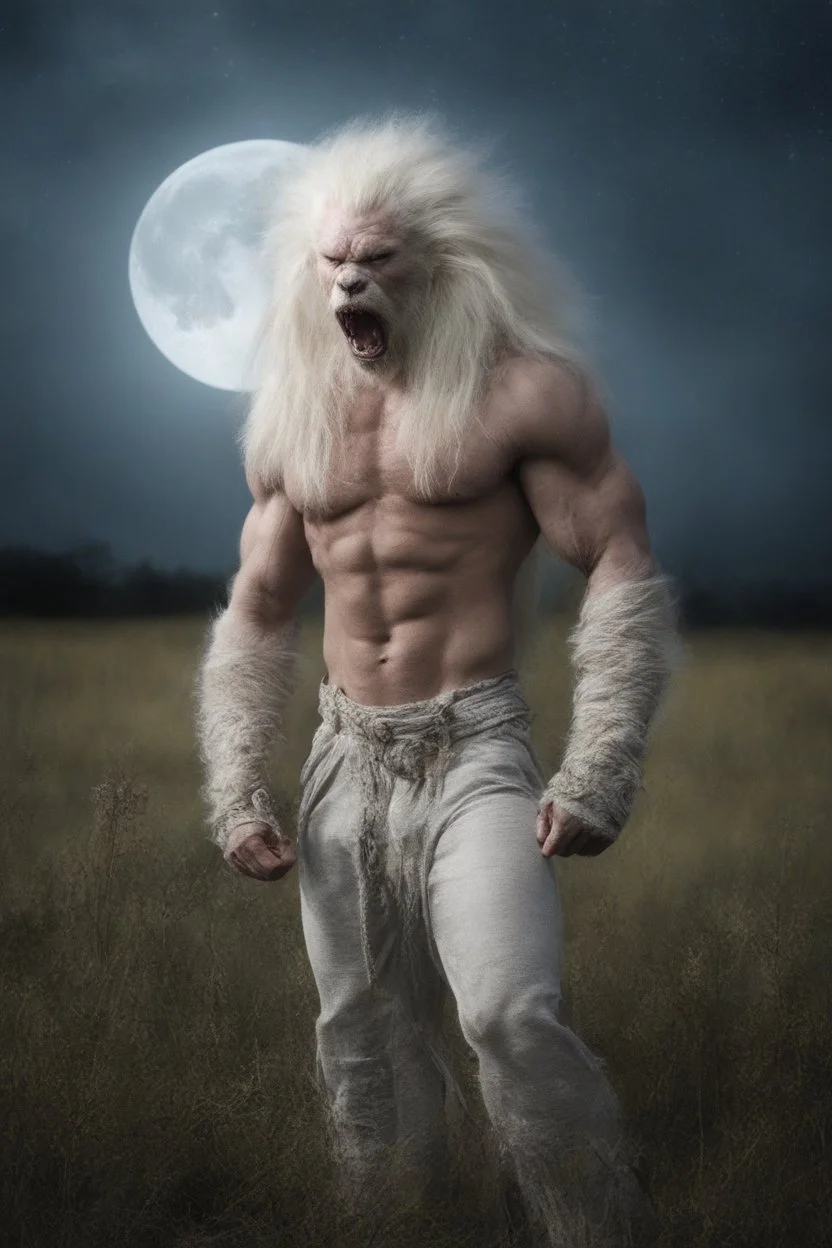 an extremely muscular, extremely hairy, and scary looking long-haired albino werewolf in a field, Extreme reality, photorealistic, realistic, lifelike, Absolute reality, Botany, Starry, Moon lit, Retro Pop, Dark Fantasy, Horror, Festive, Realistic - 32k, UHD, professional quality, 8 x 10 digital photograph