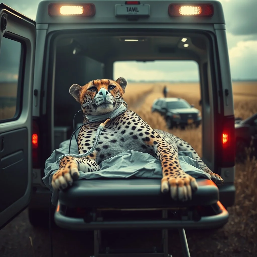 surreal dramatic image of a anthropomorphic cheetah wearing an oxygen mask reclining on a gurney being loaded into an ambulance. The mask, with tubes stretched out, gives a chilling vibe. Background is a wheat field with a crashed car nearby, portraying an ominous event. Scene shrouded in mystery, with a sinister atmosphere that pulls the viewer into a surreal, glitchy world.