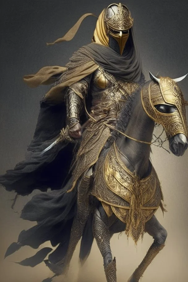 Arab warrior Full Body Full Armored Wearing Face Mask Iron Masculine Mysterious Powerful Fantasy High Quality Carrying his bow Golden clothes His horse behind him