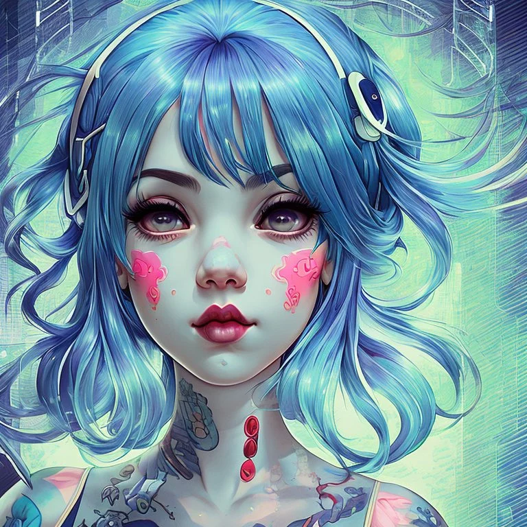 singer Melanie Martinez face, beautiful cyberpunk, hyperdetailed, illustration by Katsushika Hokusai, darkblue tones,