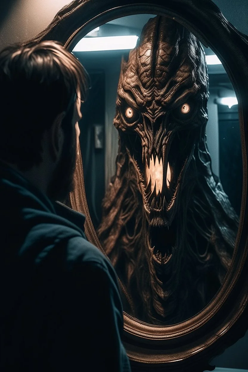 a man looking into a mirror and seeing a horrifying, monstrous reflection