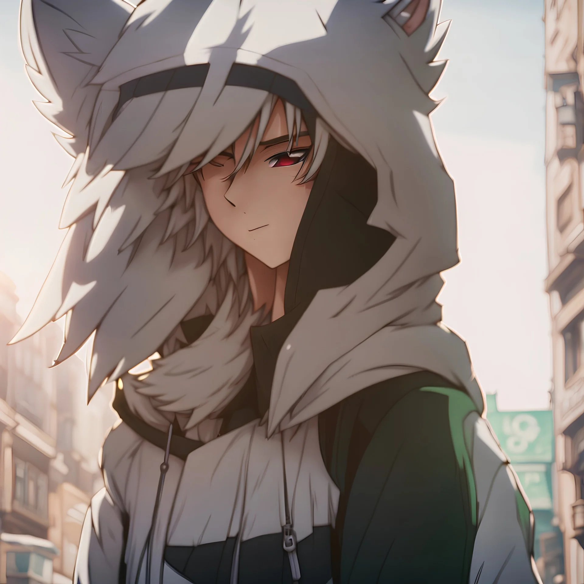 In anime, an anthropomorphic male character with white fur, white-and-green-haired, white-skinned, green-eyed, wolf ears, whiskers, a black hoodie, and black pants, is on the street in the massive capital, 8K resolution, high quality, ultra graphics, and detailed with lines.