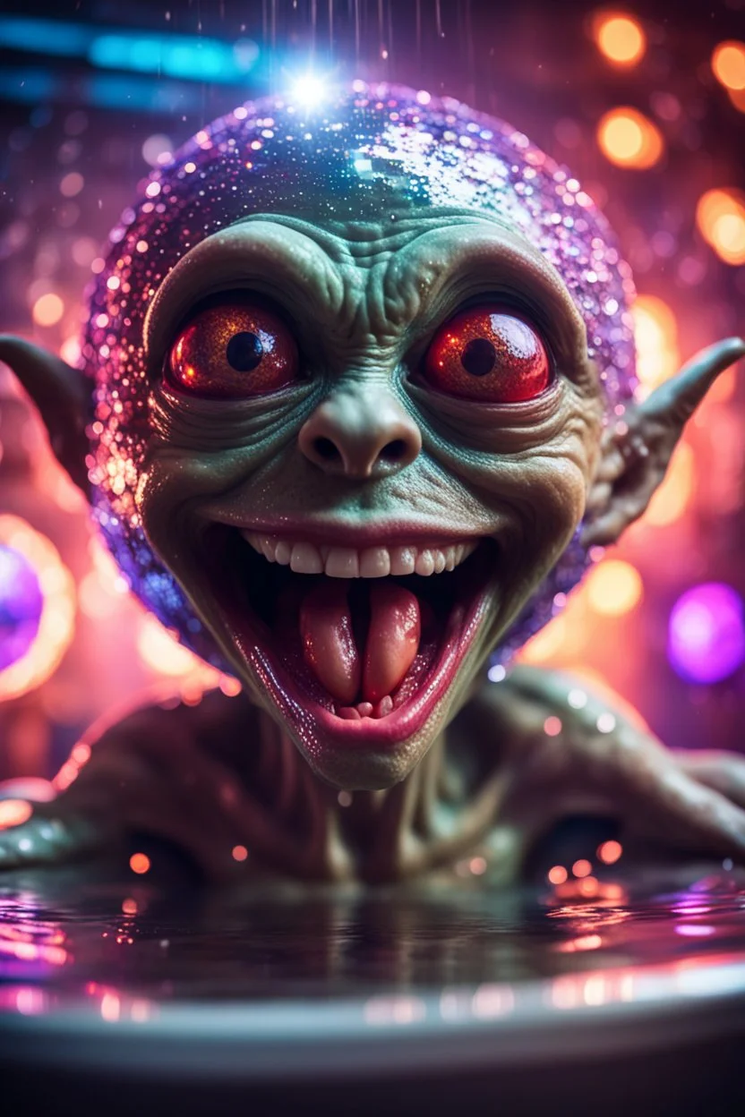 portrait through dirty warped lens of ultimate transcendent happy disco ball pimp gremlin vampire alien frown with spotlights and huge dripping tounge sticking head out of a bathtub portal, in front of space portal dimensional glittering device, bokeh like f/0.8, tilt-shift lens 8k, high detail, smooth render, down-light, unreal engine, prize winning