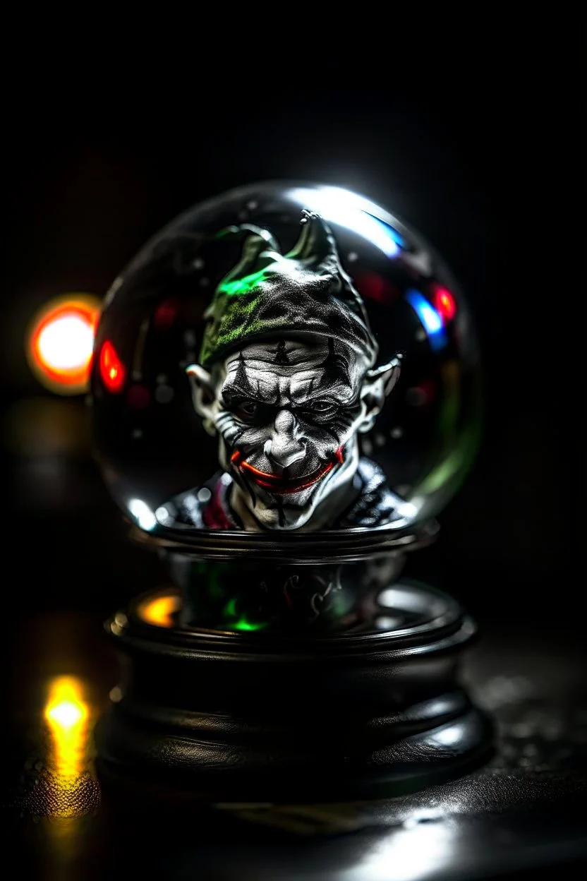 portrait of smoking joker punk elf inside crystal ball against pitch black background, shot on Hasselblad h6d-400c, zeiss prime lens, bokeh like f/0.8, tilt-shift lens 8k, high detail, smooth render, down-light, unreal engine, prize winning