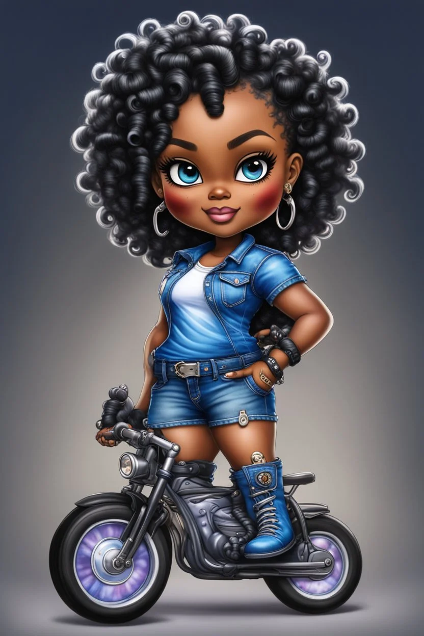 create an airbrush illustration of a chibi cartoon voluptuous black female wearing a blue jean outfit with a tie dye tshirt with biker boots. Prominent make up with hazel eyes. Extremely highly detail of a tight curly black bantu knots. Background of a bike show