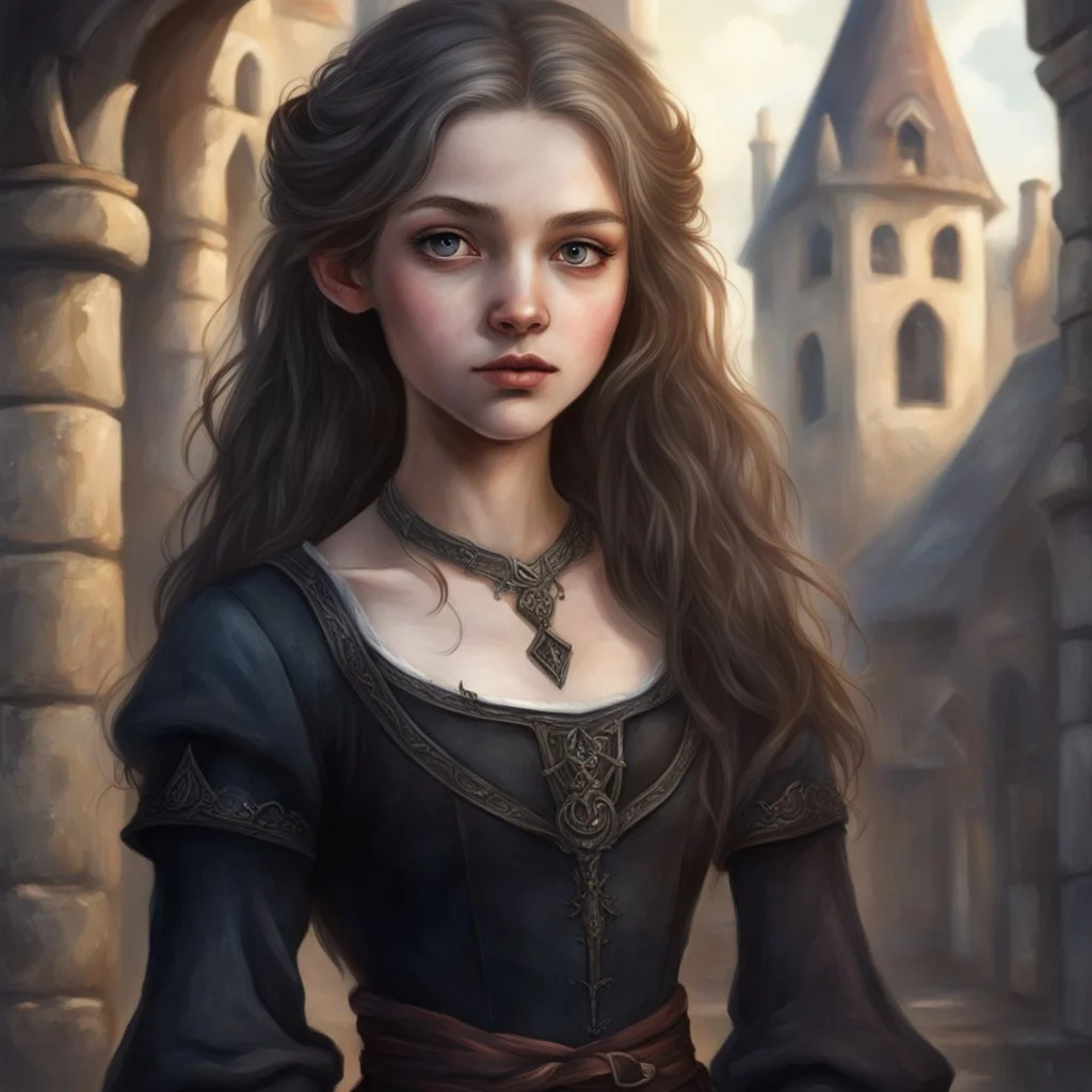 pretty 13 year old girl, conventionally attractive, dark clothes, realism, tight top, sorcerer, medieval