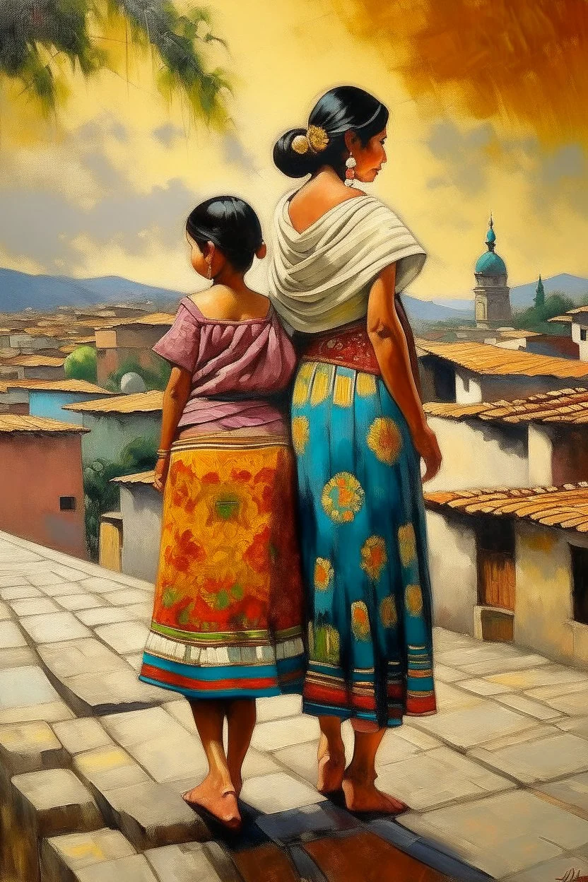 2 mexican woman painting neoclassism standing from the back whole body zoom out standing in a traditional mexican city with child