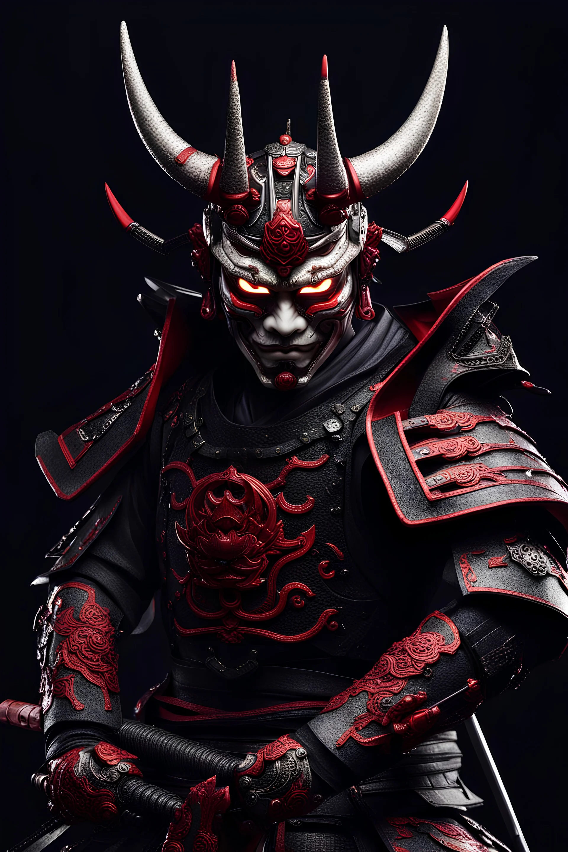 Samurai cyborg com armadura preta e vermelha e máscara hannya na face, corpo inteiro