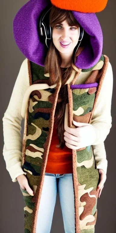 Image shows wholly a Brunette. average body type. Mantle is sewed of recycled Denim and sewed together of camouflage pieces. Camouflage colors are orange,terracotta, cream and purple. It is with big bright purple felt tippet and cream-colored-hood. mantle is merged with satchel. . AKG-style headphones (gold rings!) is merged with small felt cap with small visor. Style: Haute Couture in 1936, Paris fashion in 2023, inspired by street art. Cream latex gaiter.