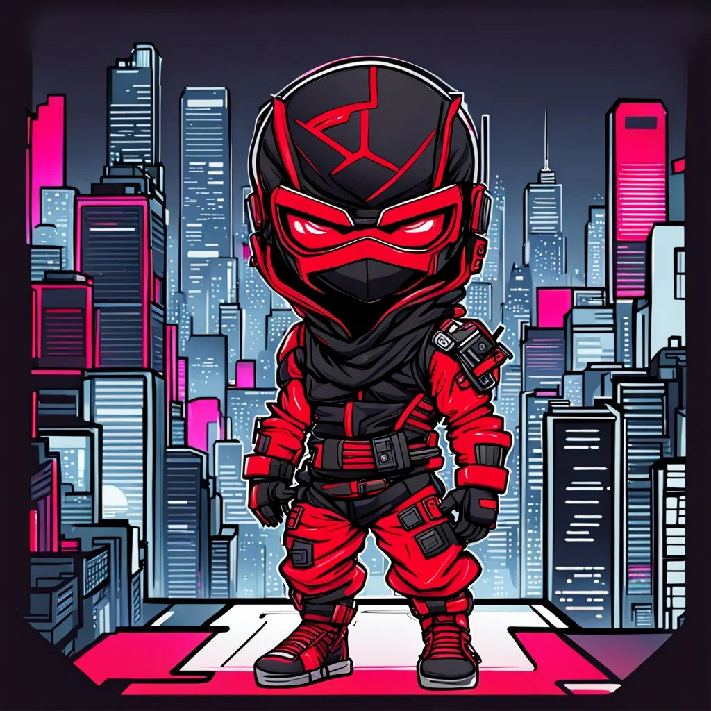 dibujo de contorno de un Ninja Chibi negro y rojo con traje cyberpunk, full body, fondo de ciudad