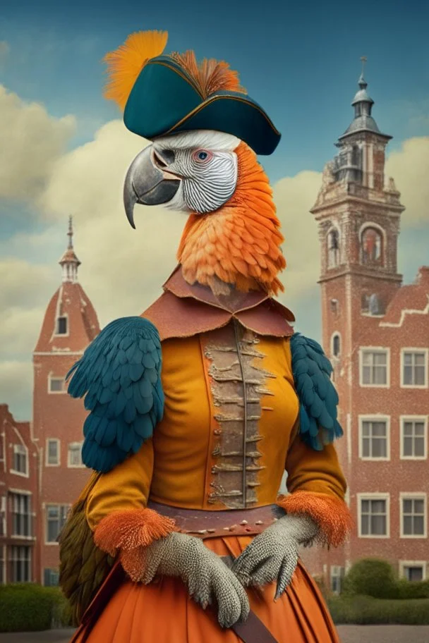 Female Half parrot half human in a old 1700s orange Dutch uniform in front of a Dutch city