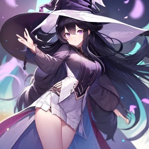 Clear focus,High resolution, black long fluffy hair, long fluffy bangs, purple eyes, wearing a witch outfit, wearing a short skirt