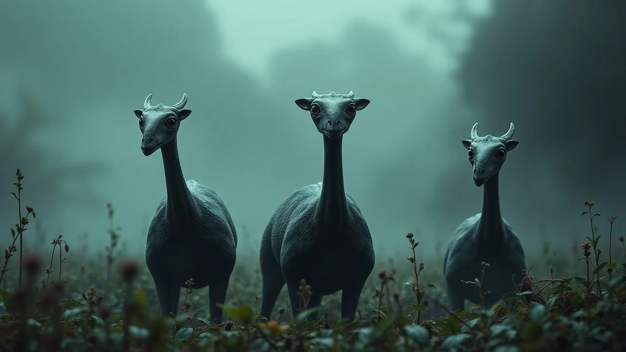 A dark fantasy, scifi theme, from four herd of gentle herbivorous creatures with long necks, one large central eye, Each creature has ONE SINGLE EYE ONLY, one large eye positioned exactly in the center of the face, no second eye, no extra eyes. and two little ears on head and small separate herbivore mouth , no teeth or fangs , rounded bodies dark gray-green skin, standing in a misty landscape with deep colors and many plants,. Curious, slightly uncanny expressions, photorealistic, cinematic