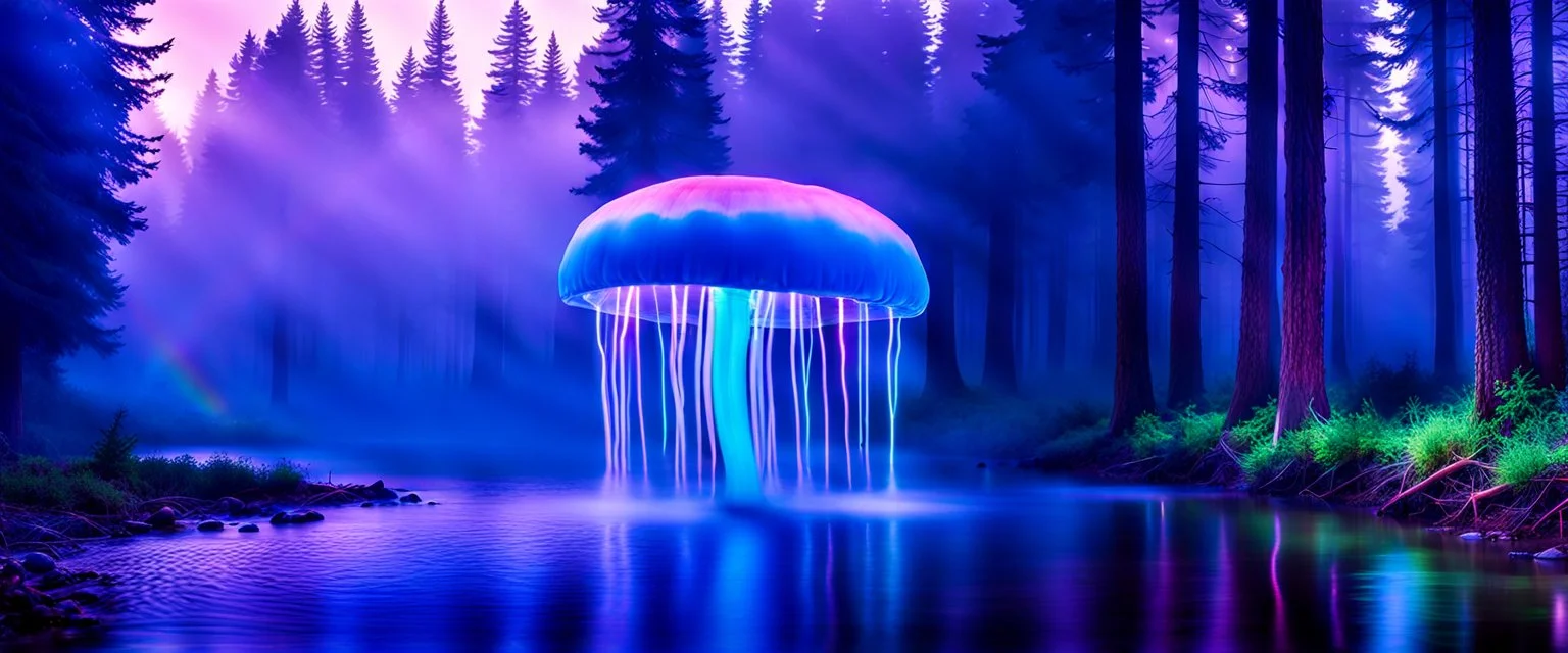 giant bio luminous Rainbow floating high JellyFish, fungal, light floating in a forest, mist, light trails, nighttime, long exposure, Treeline, Alberta, scientist, Dystopian, Hyper detailed, Realistic, Extreme depth of field, bokeh blur, Alberta all-natural, National Geographic, in the style of candid, imperfection, natural lighting, cinematic, Fuji Film, Anamorphic lens, 2040s, --ar 4:5 --w 150 --style raw