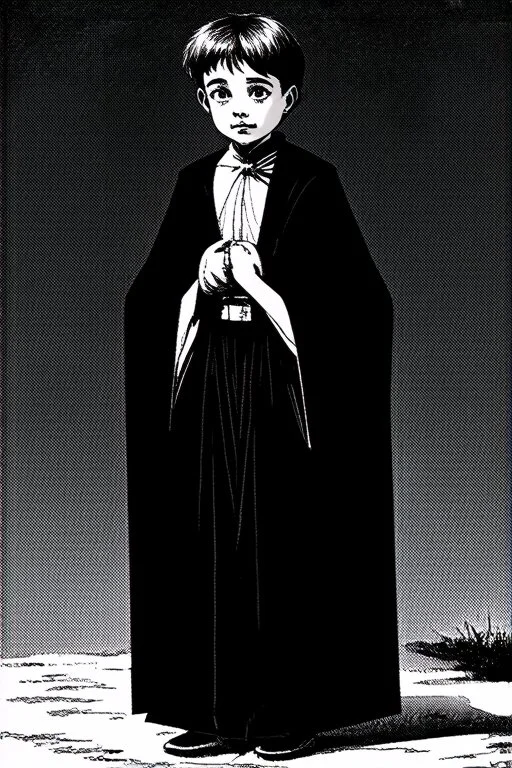 pallid 7 year old boy genie, necromancer, friendly,wearing black robes, with the lower body of a genie instead of legs, in the style of Harry Clarke