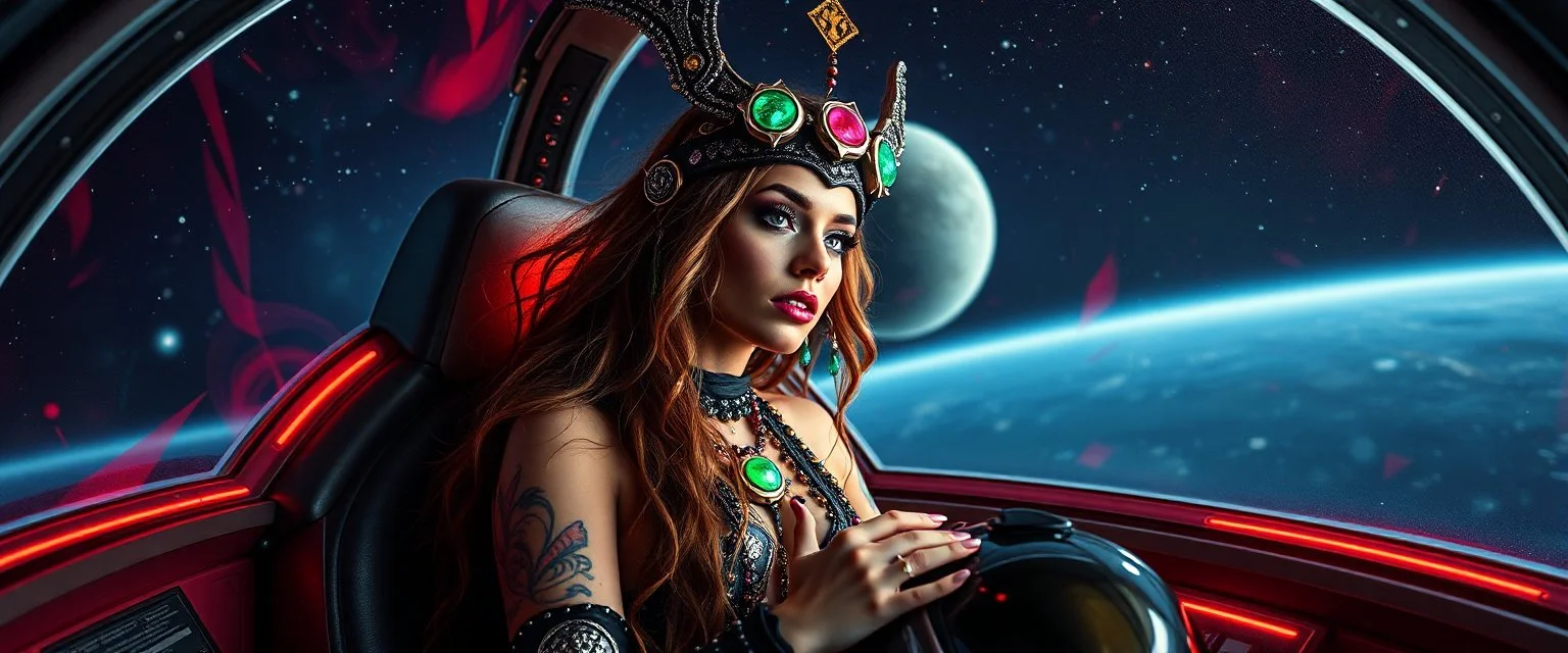 portrait of space gypsy bloodsucker in avid space craft, sexy one, holding her helmet in lap, goa trance halloween glam rock soul opera, explorer new frontier, meeting with two new races beyond our star system