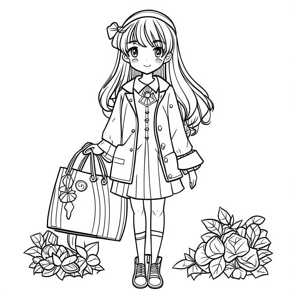 b&w lineart kawaii style fashion, minimalist style, white background, full body, picture, coloring book style on white background, well composed, clean coloring book page, No dither, no gradient, strong outline, No fill, No solids, vector illustration, –ar 9:11 –v 5