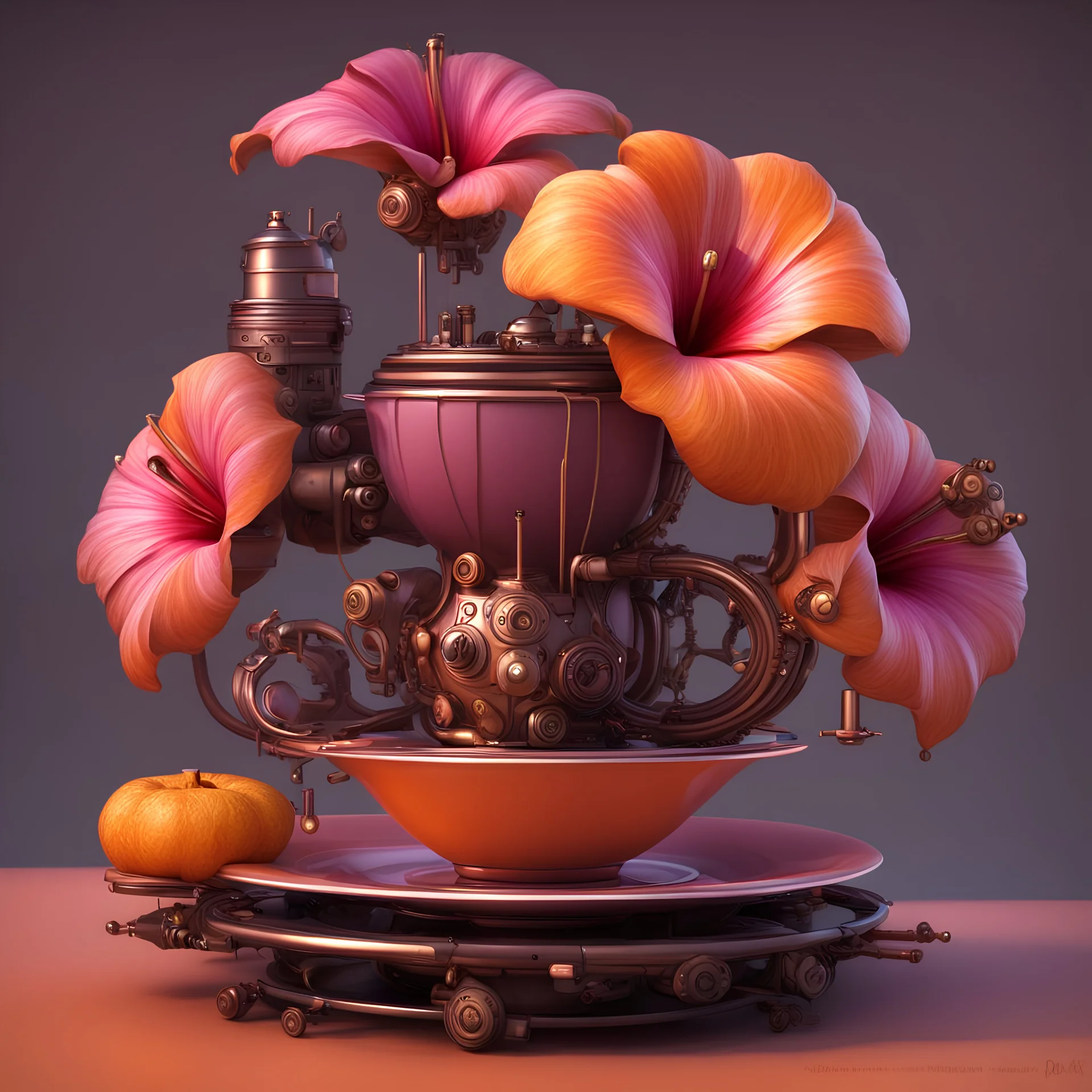 hibiscus is dark pink in color+big orange fruit +brown cinnamon rolls,in a futuristic teacup with hydraulic cylinders,3d,steampunk.