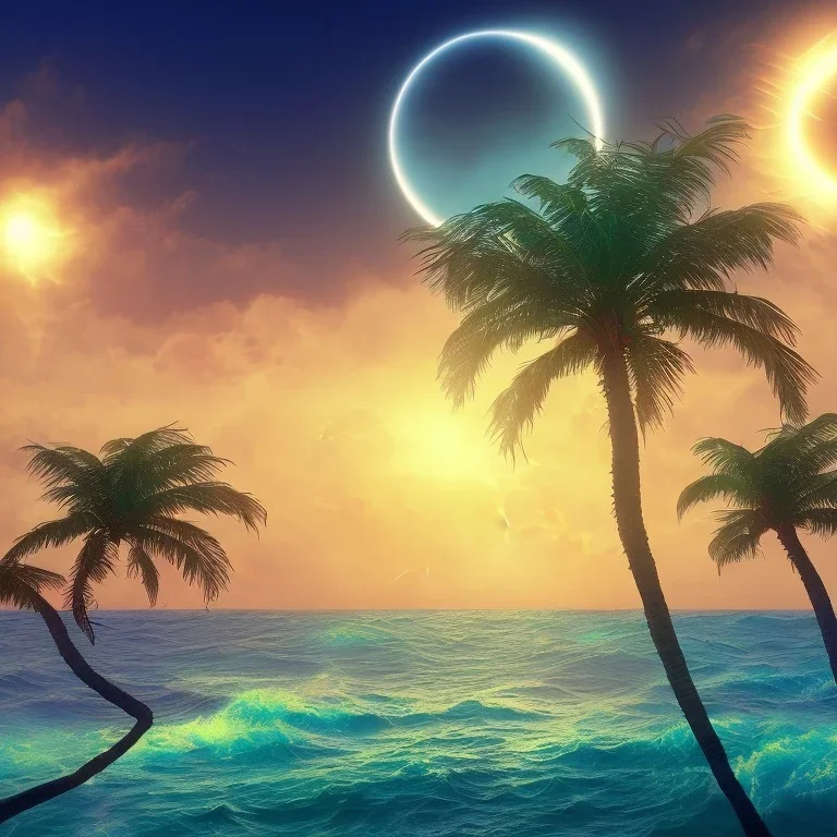 1980's vaporwave aesthetic palm trees with lightning with solar eclipse in the ocean waves sunset