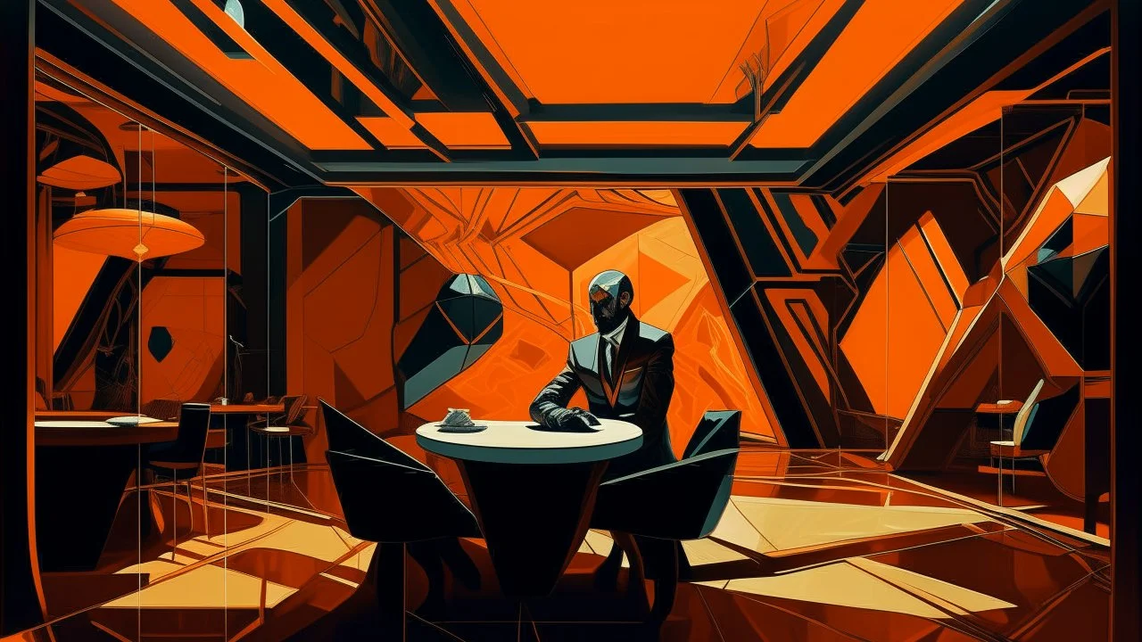 The image features a stylized interior space with a futuristic design. It includes angular wooden structures and a large, abstract face in the background outlined with orange stripes. A figure in a black and orange skin suit sits at a table, holding a spherical object. The overall ambiance combines elements of modernity and surrealism, highlighted by the interplay of light and shadow.