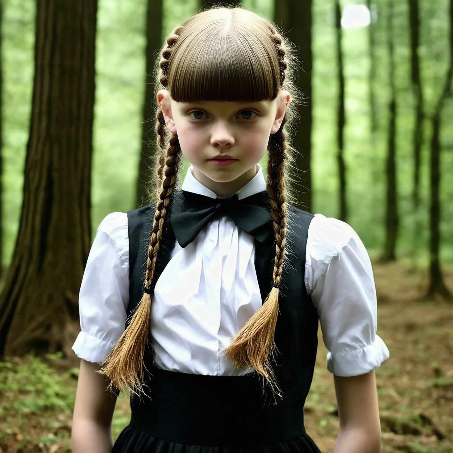 Young gemma ward as Wednesday addams, braids, bangs, in tge woods