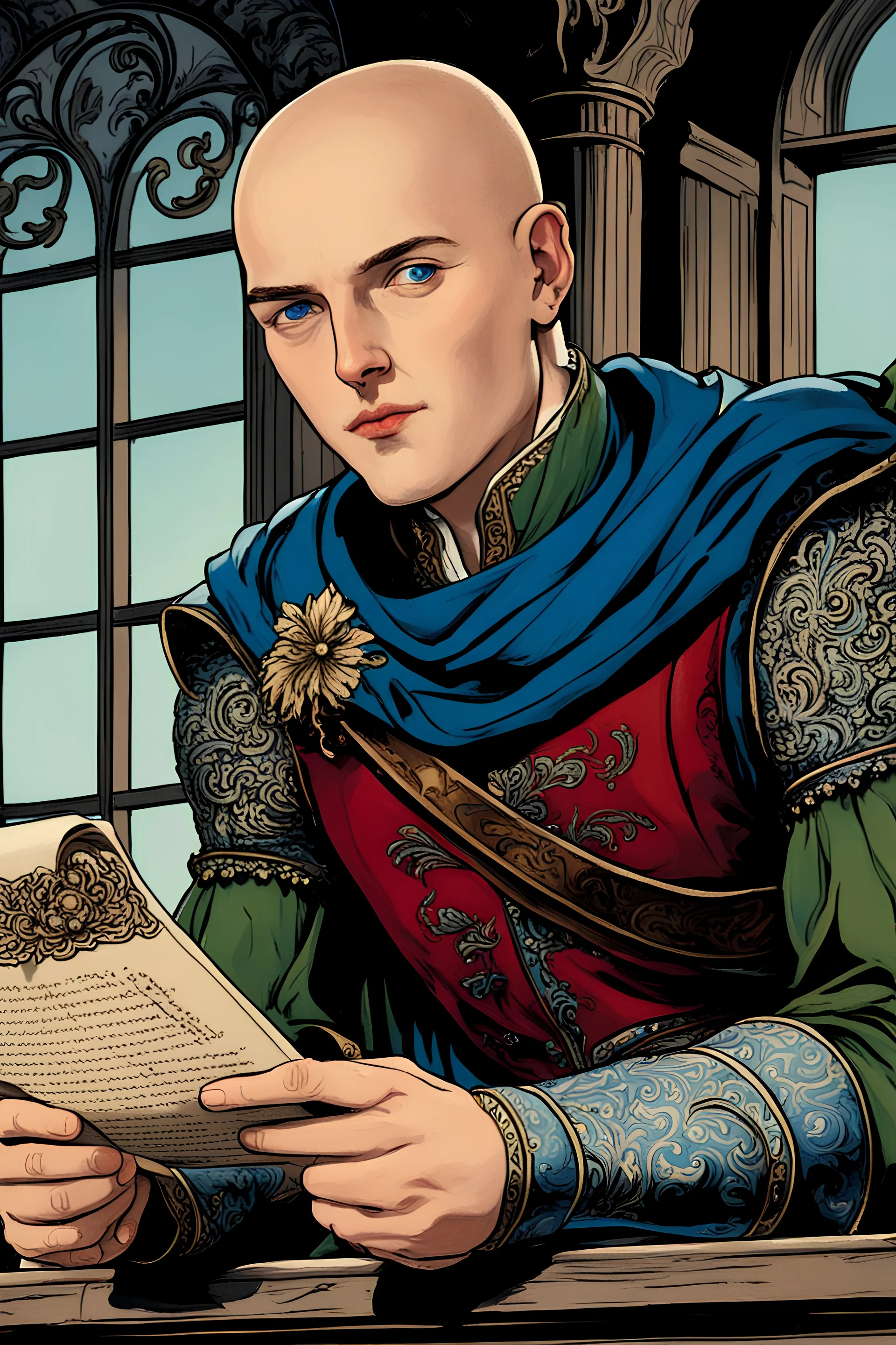 Young nobleman, bald, blue eyes, reading a scroll, on a balcony