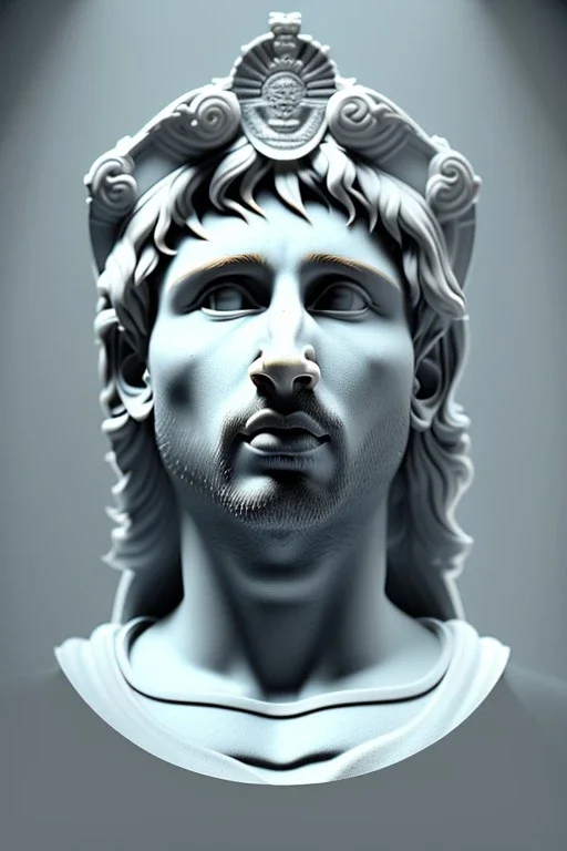 Ultra Realistic image, Roman sculpture, white marble material, Lionel Messi, sun radial crown, chisel style, waist up portrait, epic, celestial, cinematic lighting, God light, god rays, 4k resolution, smooth details, ornate details, soft lighting, unreal engine 5, marble background.