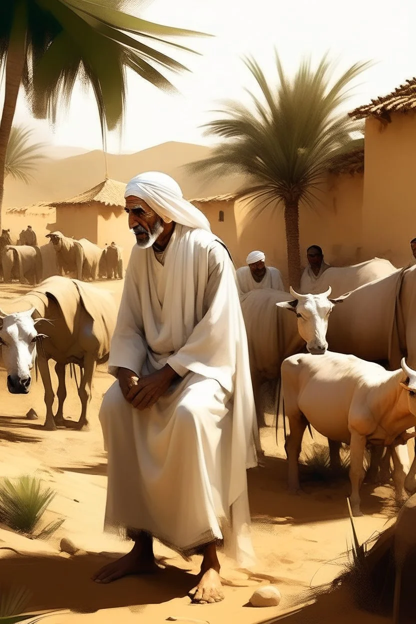 old man, Arab, turban, white clothes, cattle, desert, council, sun, palm trees, mud houses