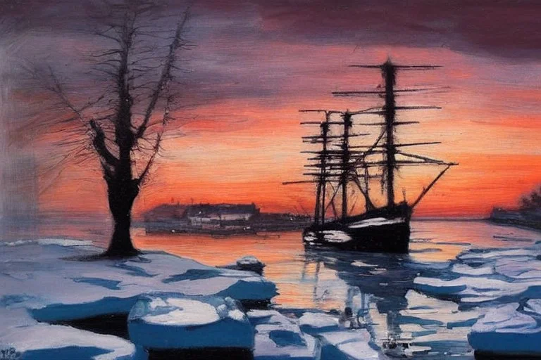 Amazing sunset, trees, ice, winter, ships, philip wilson steer impresionism painting