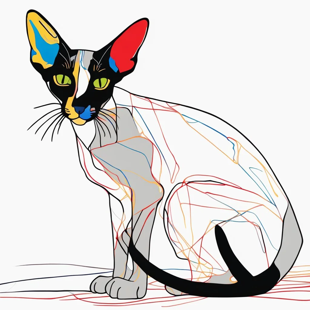 Create an abstract, minimalist Oriental shorthair Siamese cat using continuous line art. The Oriental shorthair Siamese cat is stylized and simplified to the most basic forms, with exaggerated features. adorned with splashes of primary colors. The background should be clean and mostly white, with subtle geometric shapes and thin, straight lines that intersect with dotted nodes and overlap the figures. The overall aesthetic should be modern and artistic.