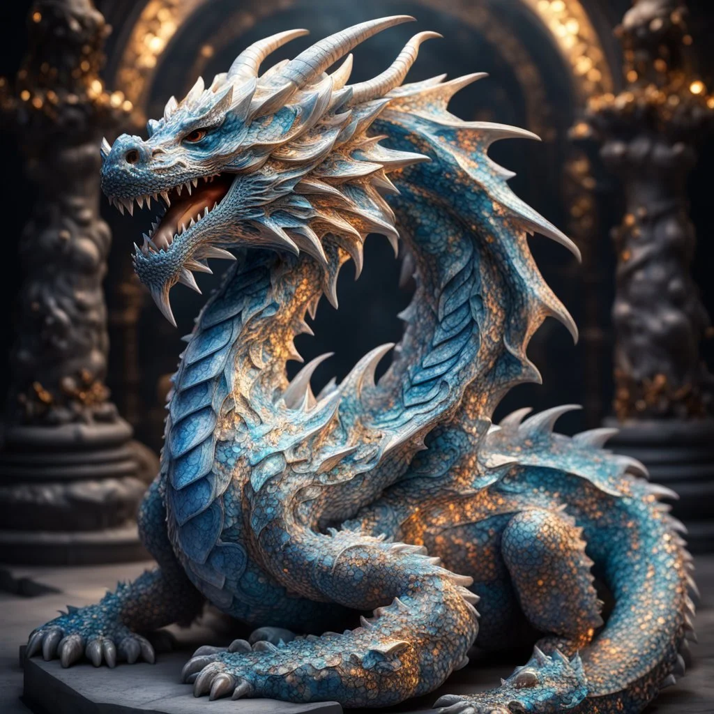 dragon made of marble covered with glowing crystals, high exposure, Professional photography, high contrast, bright vibrant colors, dark tone, high highlights, Intricate Patterns, Ultra Detailed, Luminous, Radiance, beautiful, Ultra Realism, Complex Details, Intricate Details, 8k, HDR, High Quality, Trending On Artstation, Sharp Focus, Studio Photo, Intricate Details,