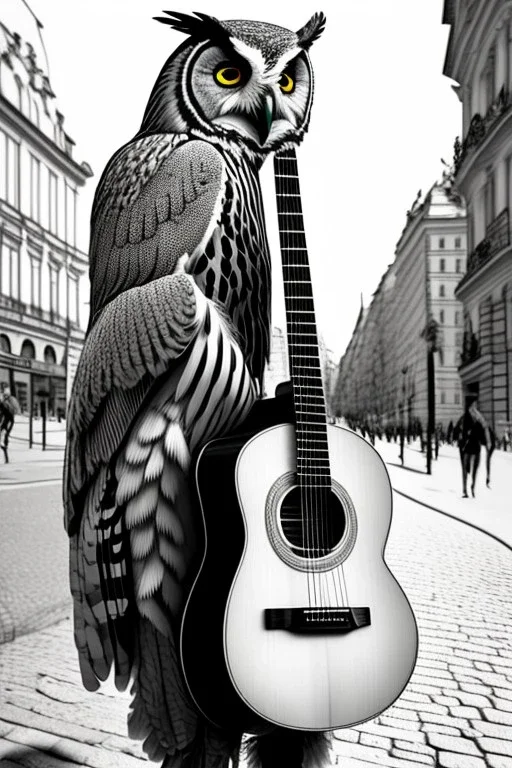 One single mature owl, playing guitar in the street , Vienna, friendly, sunny day, model style, hyper realistic, extremely accurate, delicate, extremely detailed, Graphic novel style, wide-angle, open aperture, superfine pencil