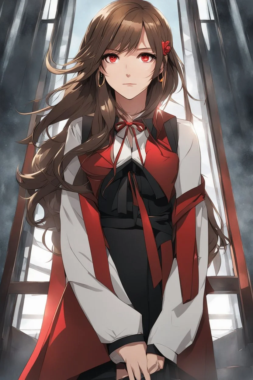 (masterpiece), (anime style), award winning, close up, centered, headshot, looking toward camera, long brown hair, young woman, redeyes, modern, dynamic lighting, ultra detailed, (epic composition, epic proportion), professional work, black and red clothes