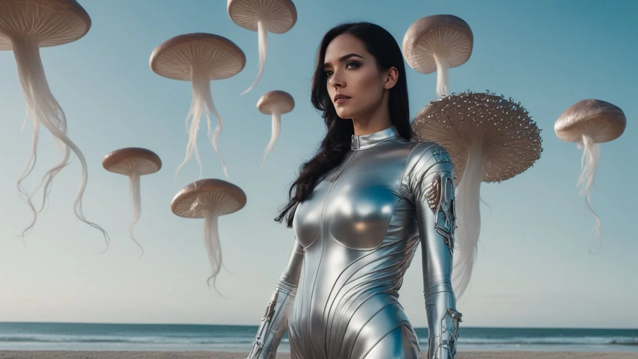 Wide-angle shot of a woman, standing to one side, with dark hair in a silver robotic catsuit, standing on a beach, flying mushrooms with jellyfish tentacles floating above her