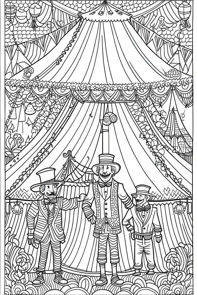 Coloring book page:: Circus: A whimsical illustration of a circus tent with acrobats, clowns, and a ringmaster:: high detail adult coloring book page thin black lines white background, 1 bit line art coloring book, only draw outlines, crisp, thick outlines, use up the entire screen, outline art, storybook illustration –no noise, book, logo, page, letters, words, markers, grayscale, –no black background –ar 3:4 –v 4