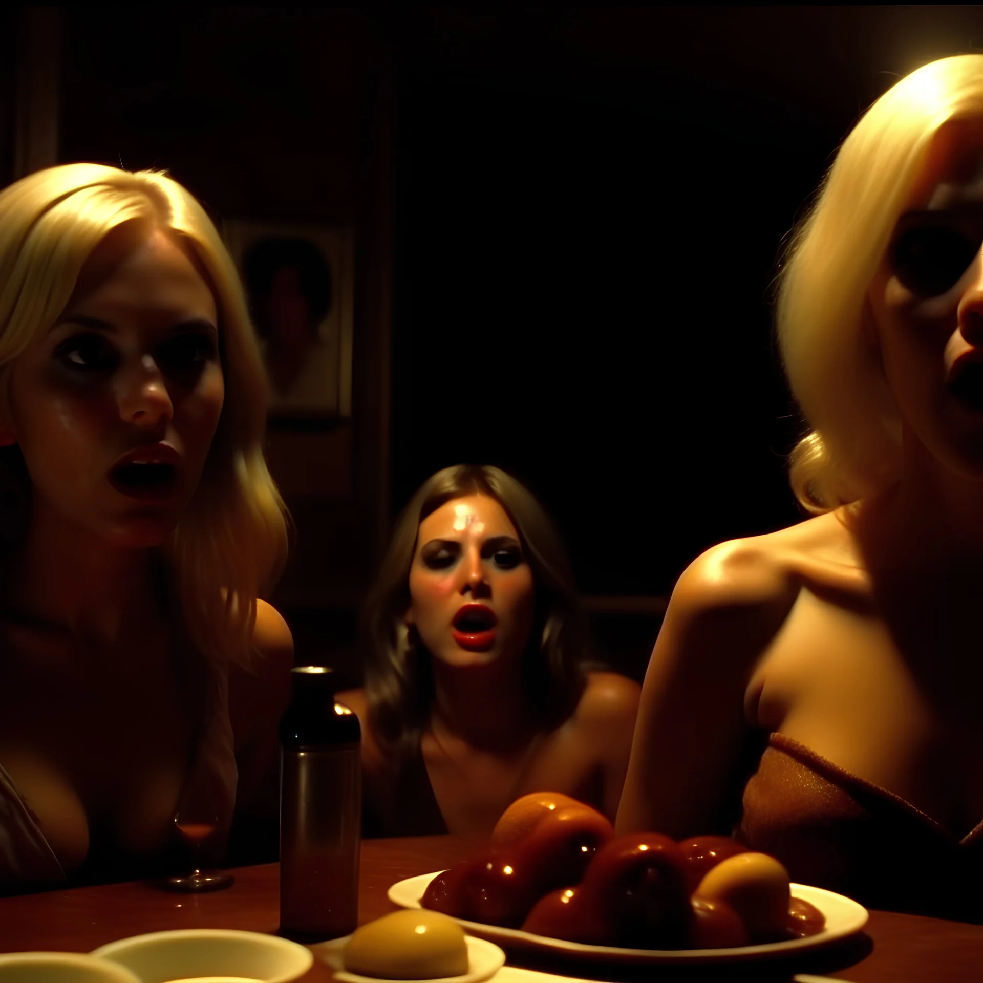 Horror movie shot, spooky, very hot, ultra realistic, hot dine, ultra realistic hot blonde women, hot party, pieces of meat, they enjoy, organs, ail, dynamic, very excited people, hypermaximalist figures, light, 1970's Italian horror movie, sinister,, Dario Argento, Stanley Kubrik, ornate, 4k, photorealism